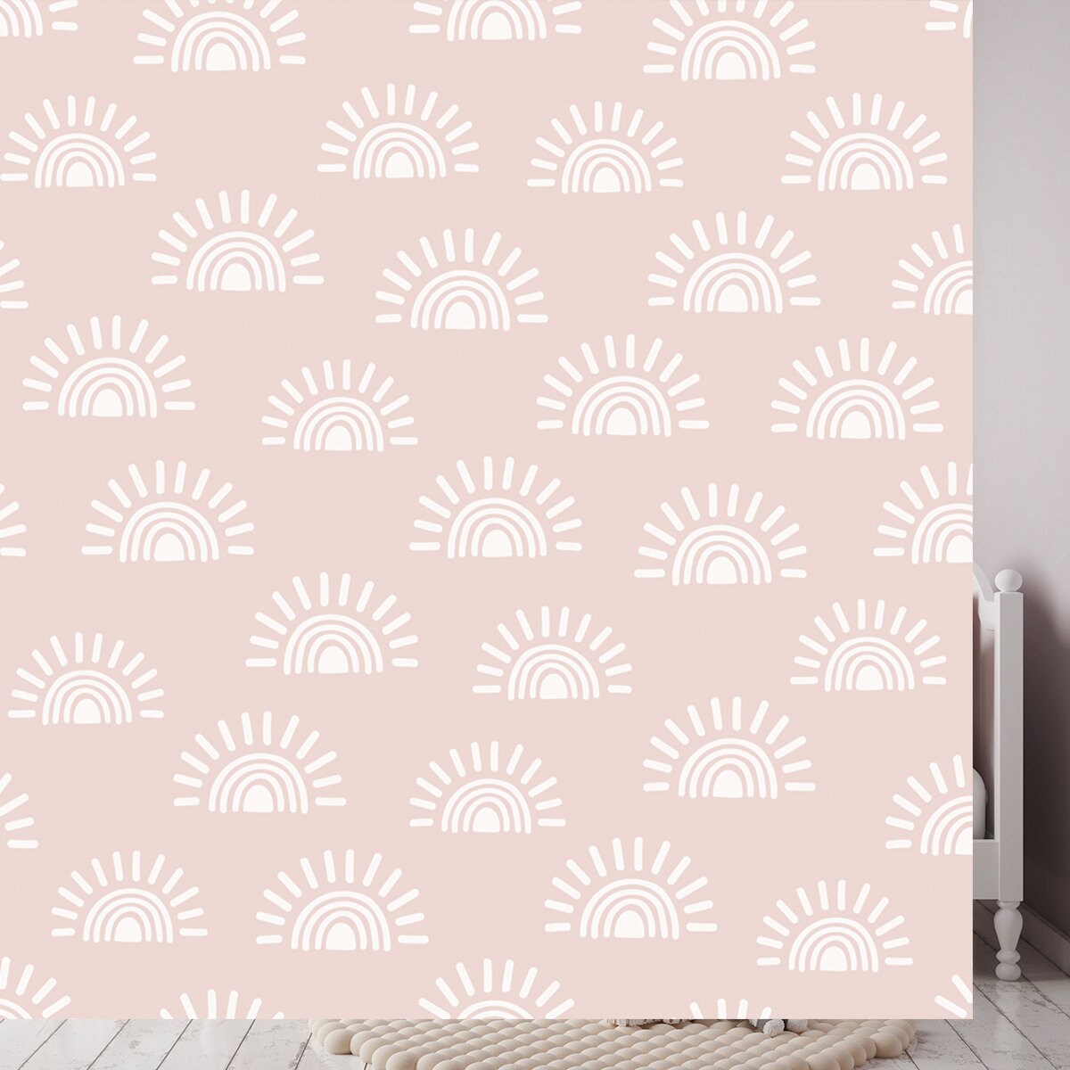 Pink Seamless Pattern with Hand Drawn Suns and Rainbows Wallpaper Girls Bedroom Mural