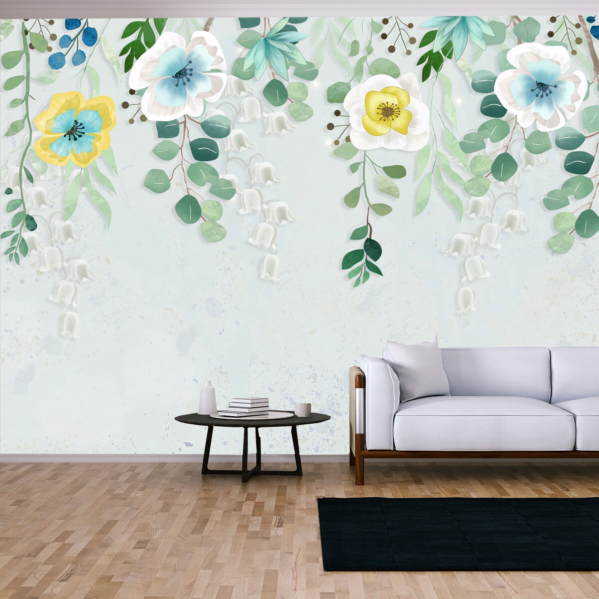 3d Illustration, Fabulous Multi-Colored Flowers Hanging from the Top of a Light Wall Wallpaper Living Room Mural