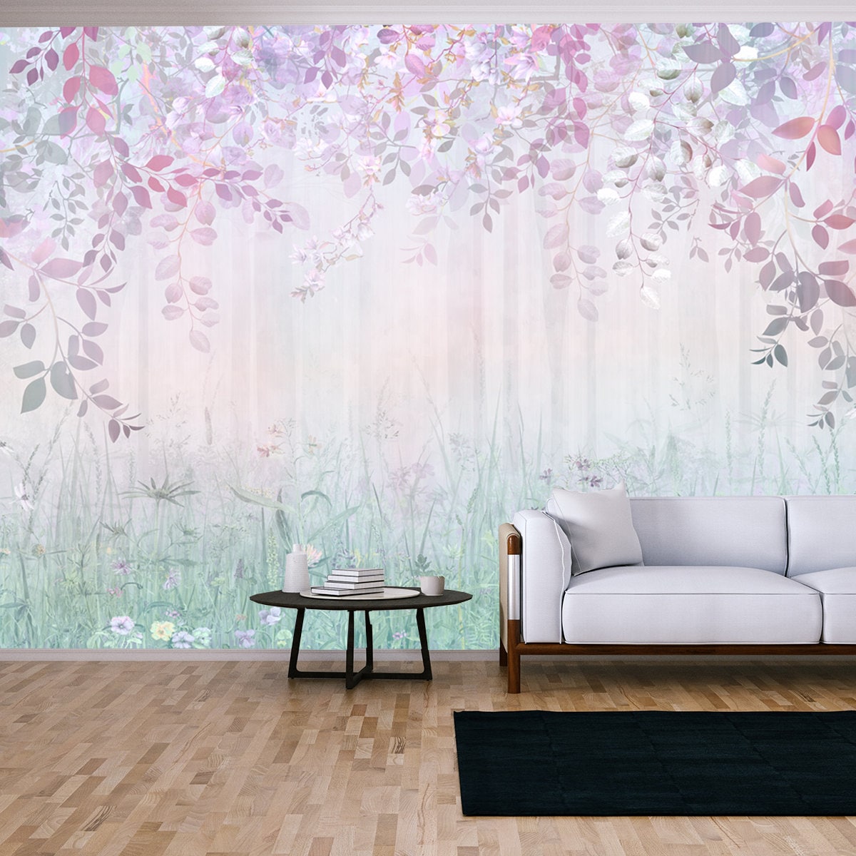 Misty Forest in a Rainbow Haze with Hanging Branches and Meadow Flowers Wallpaper Living Room Mural