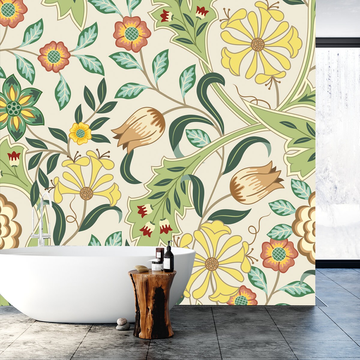 Floral Seamless Pattern with Big Flowers and Foliage on a Light Background Wallpaper Bathroom Mural