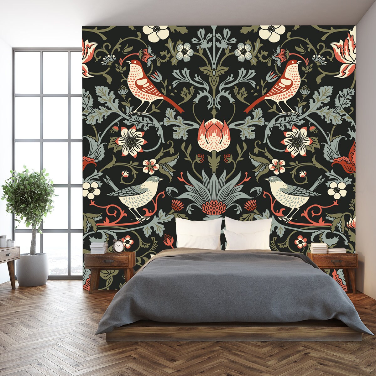 Dark Enchanted Vintage Flowers and Birds Seamless Pattern Vector. Magic Forest Background Wallpaper Bedroom Mural