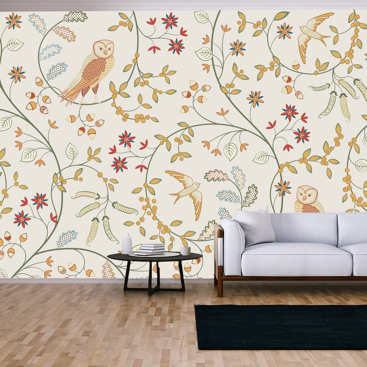 Vintage Birds in Foliage with Flowers Seamless Pattern on Light Background. Middle Ages William Morris Style Wallpaper Living Room Mural