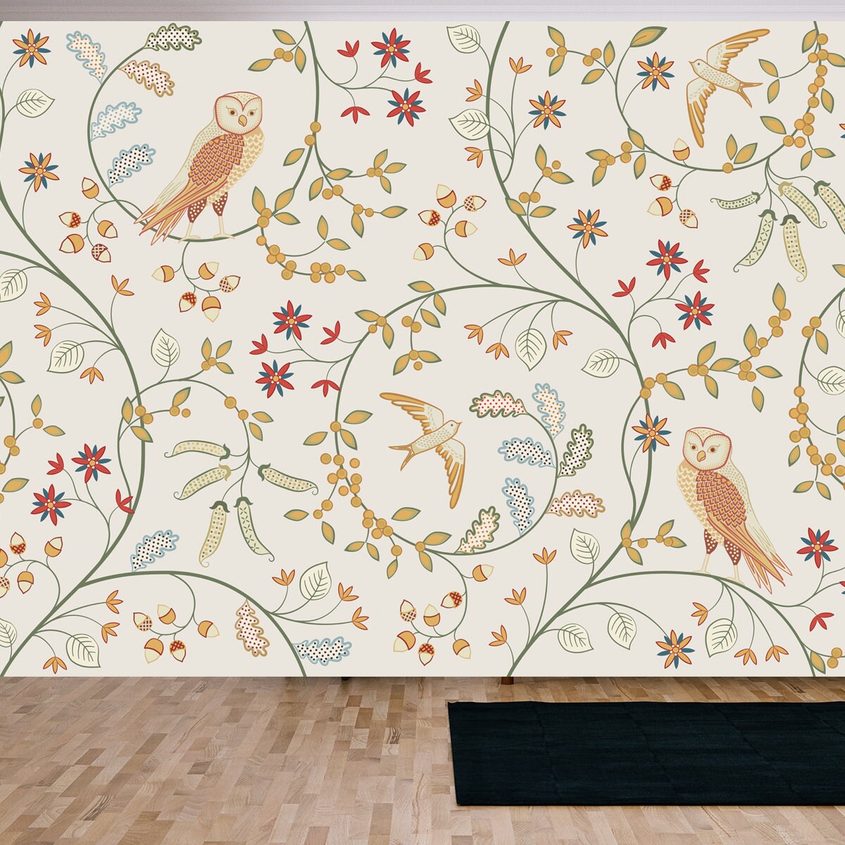 Vintage Birds in Foliage with Flowers Seamless Pattern on Light Background. Middle Ages William Morris Style Wallpaper Living Room Mural