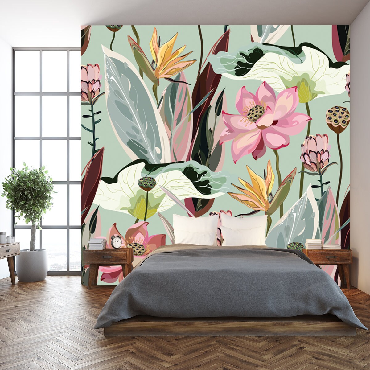 Large Flowers, Inflorescences, Buds and Lotus Leaves, Strelitzia and Proteus on a Light Sage Green Background Wallpaper Bedroom Mural
