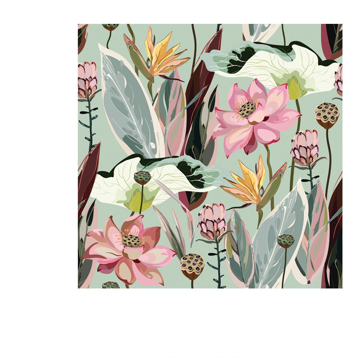 Large Flowers, Inflorescences, Buds and Lotus Leaves, Strelitzia and Proteus on a Light Sage Green Background Wallpaper Bedroom Mural