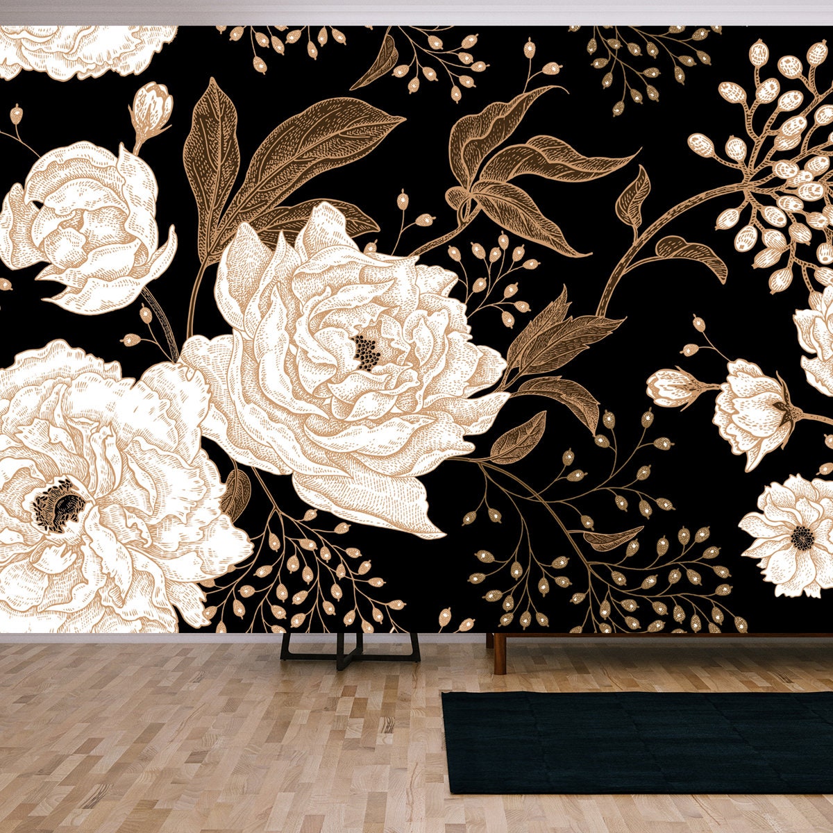 Peonies and Roses. Floral Vintage Seamless Pattern. Gold and White Flowers, Leaves, Branches and Berries Wallpaper Living Room Mural