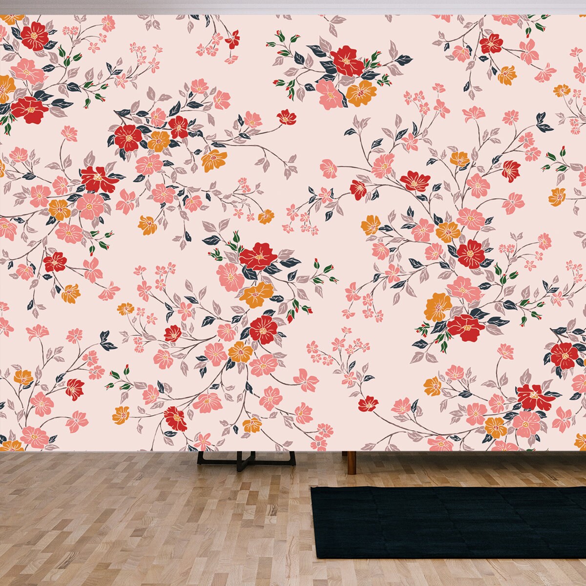Pale Pink, Dark Pink and Yellow Flowers on a Pale Pink Background Wallpaper Living Room Mural