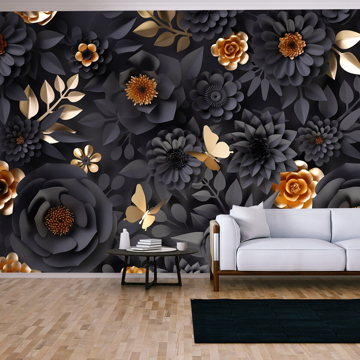 3d Render, Abstract Art Deco Background with Black and Gold Paper Flowers and Leaves, Floral Botanical Wallpaper Living Room Mural