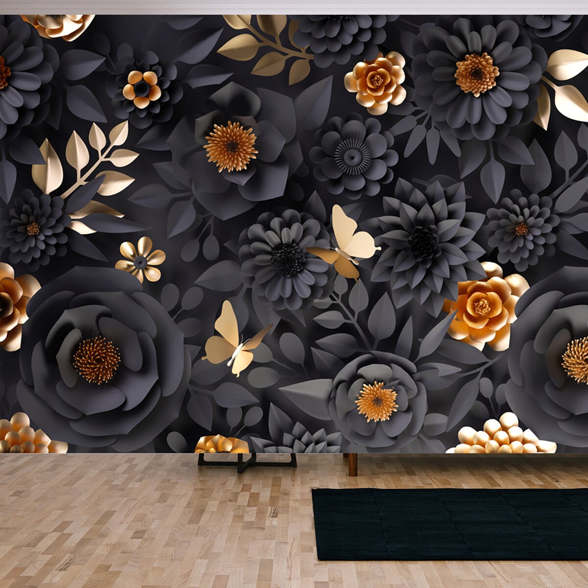 3d Render, Abstract Art Deco Background with Black and Gold Paper Flowers and Leaves, Floral Botanical Wallpaper Living Room Mural