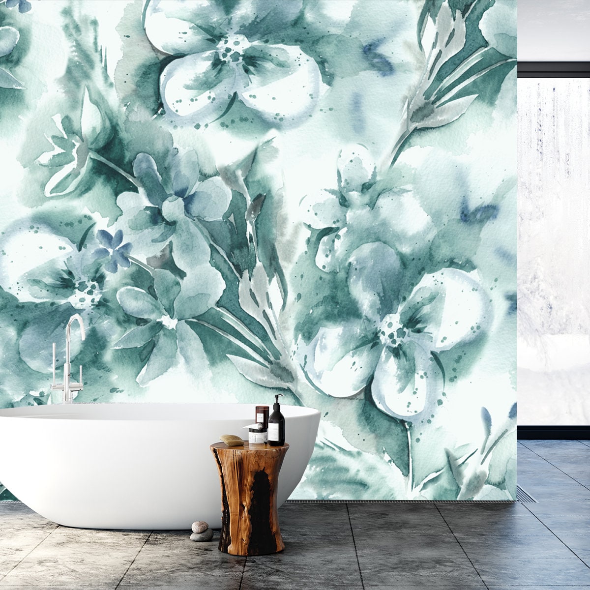 Blue and White Floral Watercolor Wallpaper Bathroom Mural