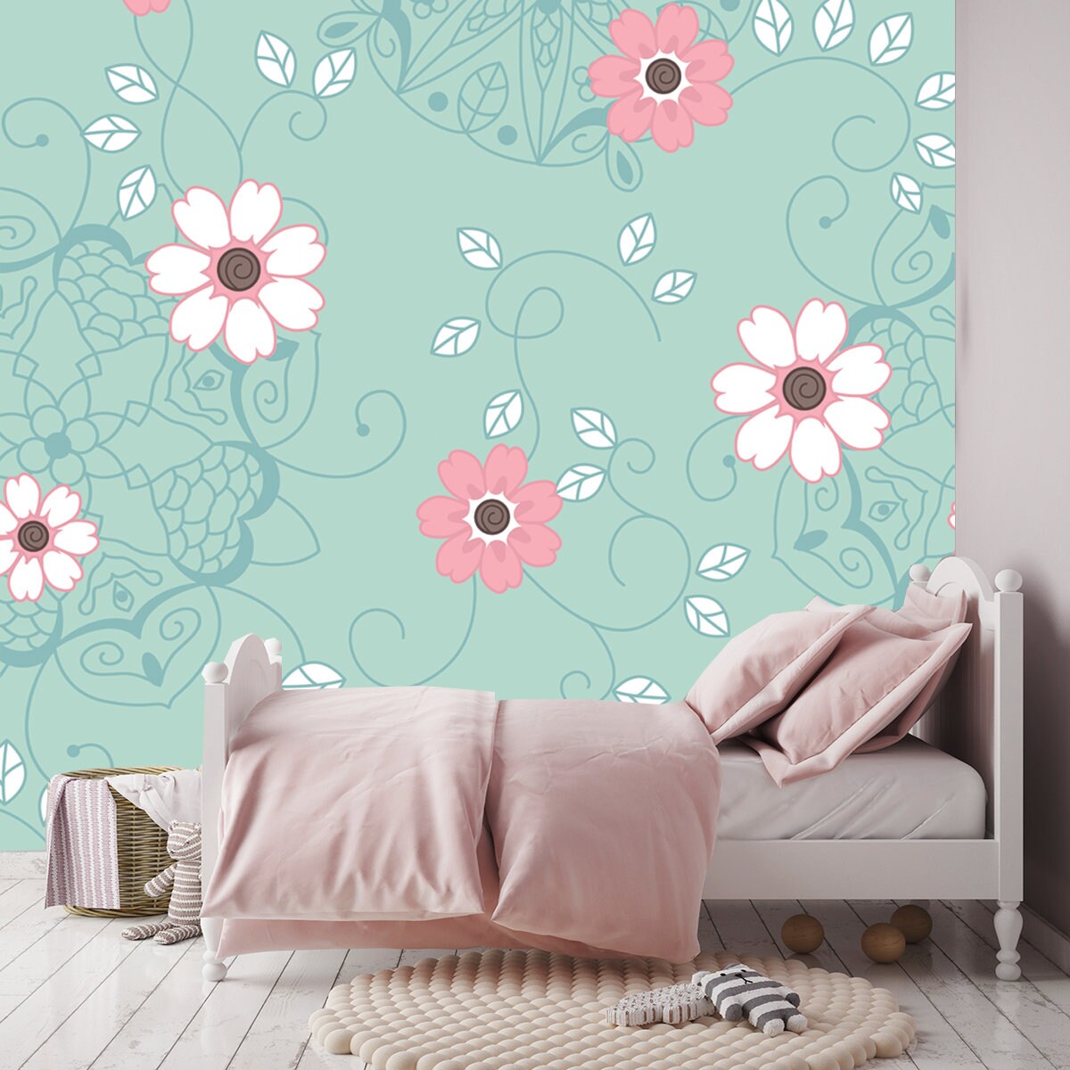 Pink and White Flowers and Little White Leaves and Vines with Beautiful Mandalas on a Turquoise Background Wallpaper Girls Bedroom Mural