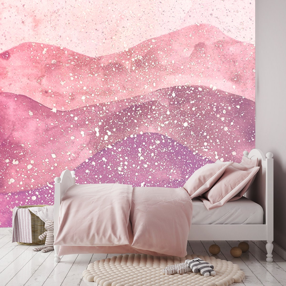 Mountain Print. Painted in Watercolors in Dusty Pink with Gold Sparkles Wallpaper Girls Bedroom Mural