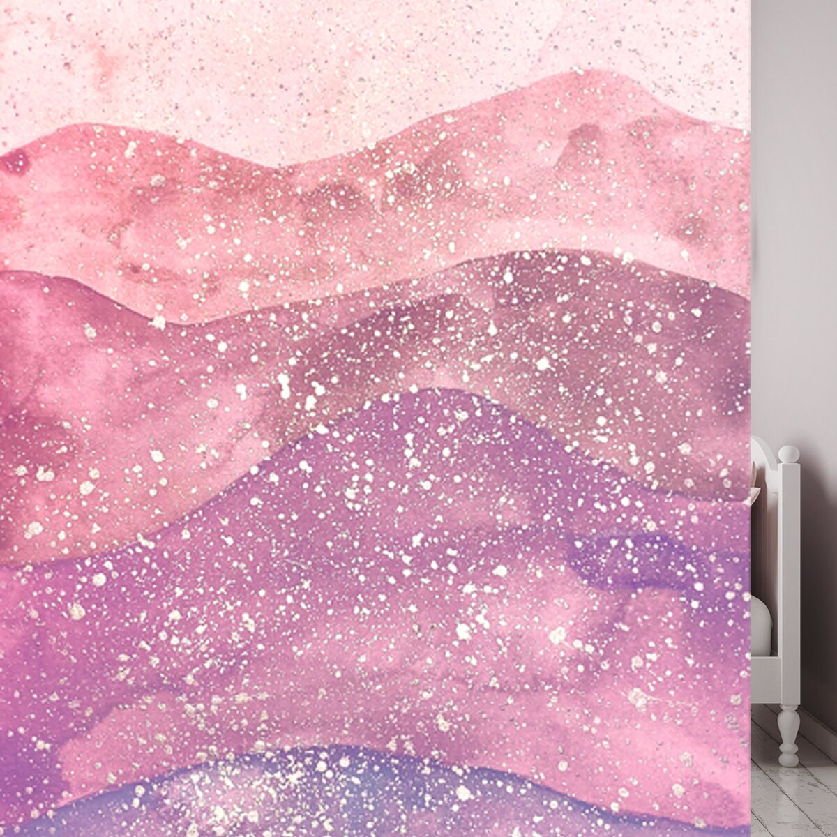 Mountain Print. Painted in Watercolors in Dusty Pink with Gold Sparkles Wallpaper Girls Bedroom Mural