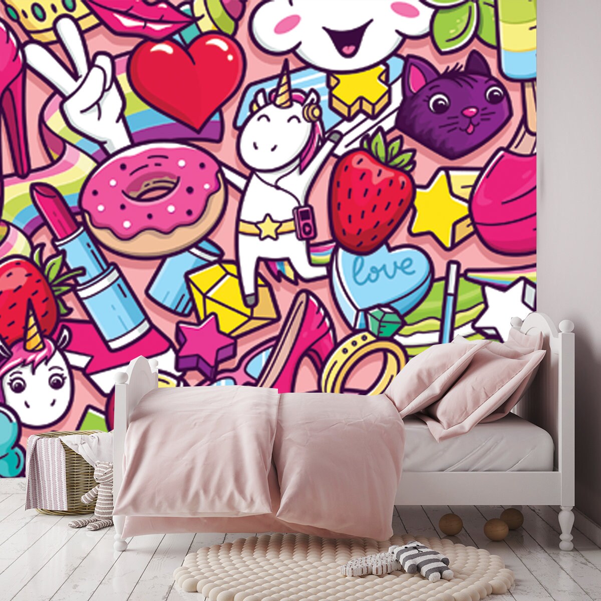 Graffiti Pattern with Girlish Style Doodles. Background with Childish Girl Power Crazy Elements Wallpaper Girls Bedroom Mural