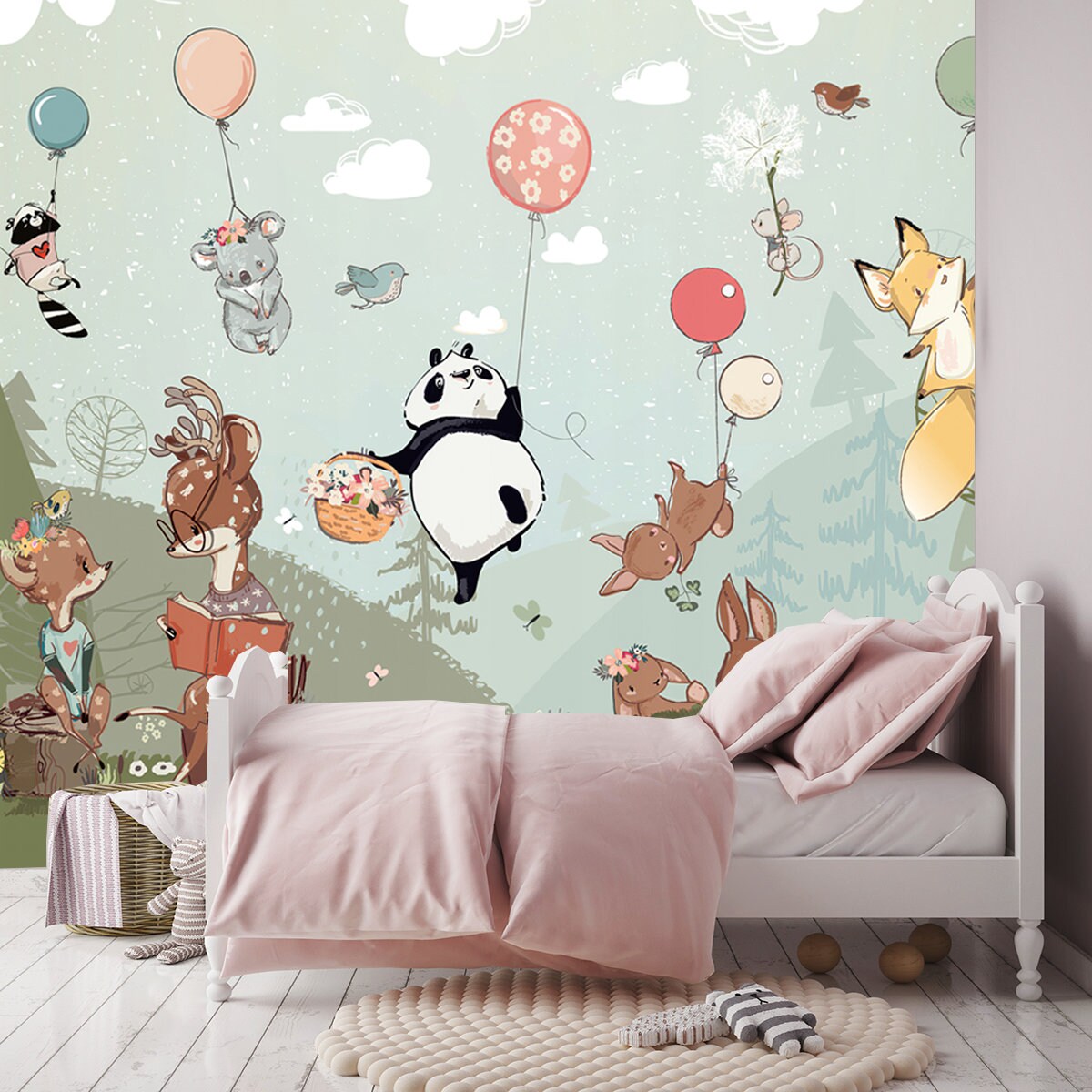 Beautiful Panda with Animals and Deer Reading Book Wallpaper Girls Bedroom Mural