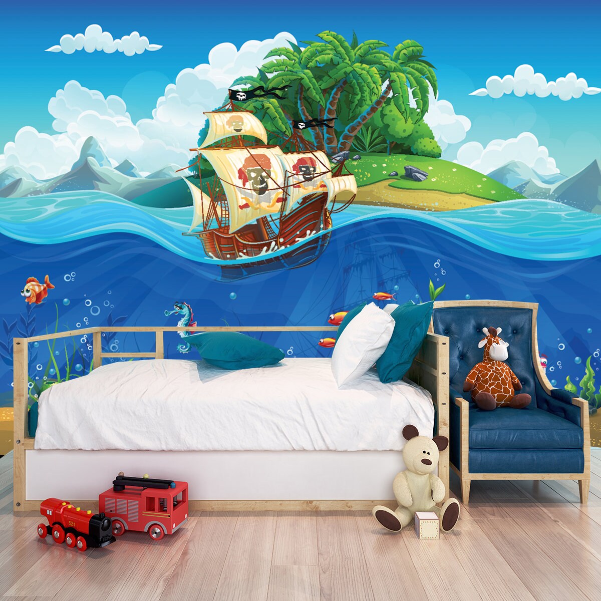 Cartoon Underwater World with Fish, Plants, Island and Ship Wallpaper Little Boys Room Mural