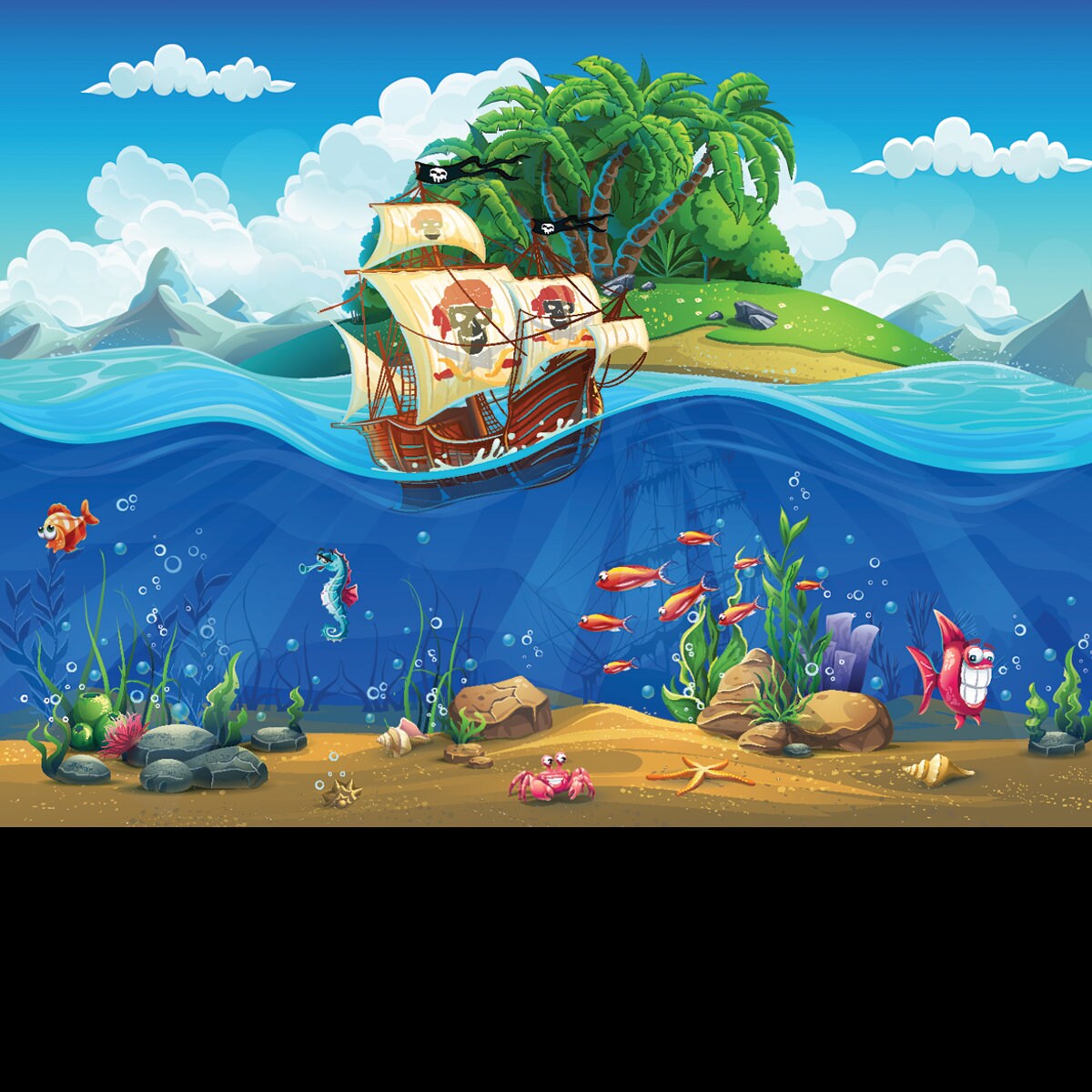 Cartoon Underwater World with Fish, Plants, Island and Ship Wallpaper Little Boys Room Mural