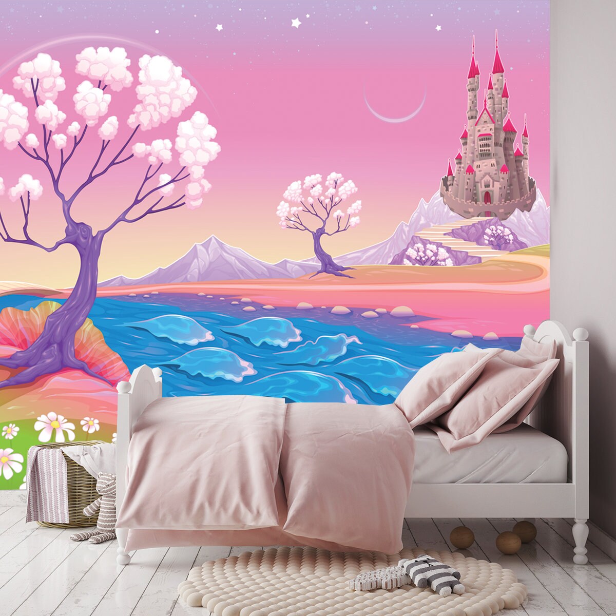 Fantasy Landscape with Castle. Cartoon Vector Illustration Wallpaper Little Girls Bedroom Mural