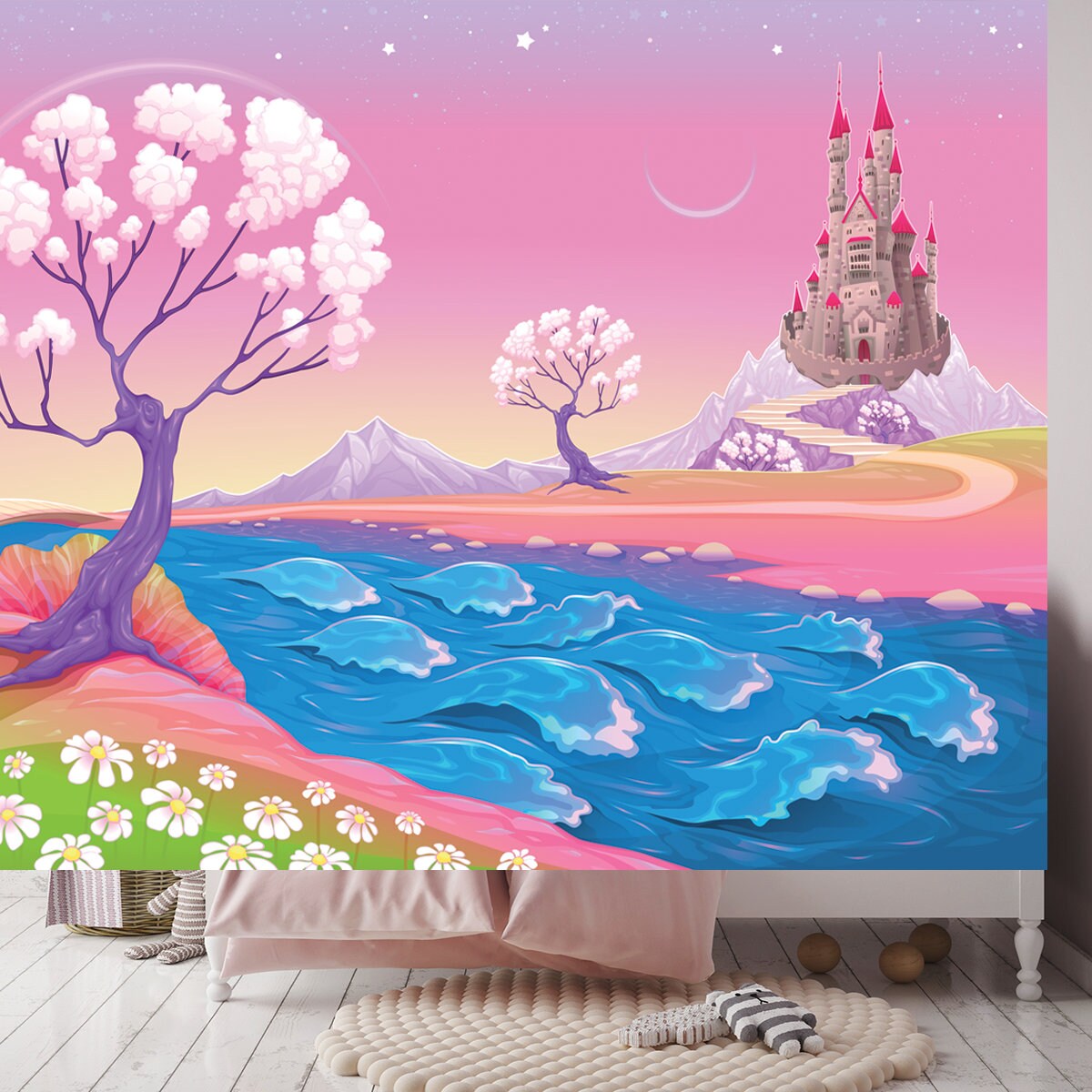 Fantasy Landscape with Castle. Cartoon Vector Illustration Wallpaper Little Girls Bedroom Mural