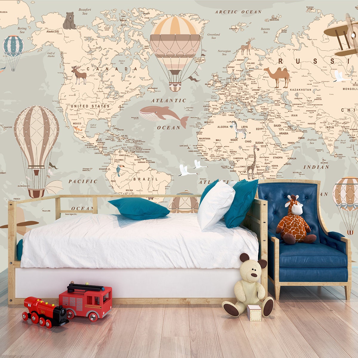 Childrens Retro World Map with Animals Airplanes and Balloons Wallpaper Boys Bedroom Mural