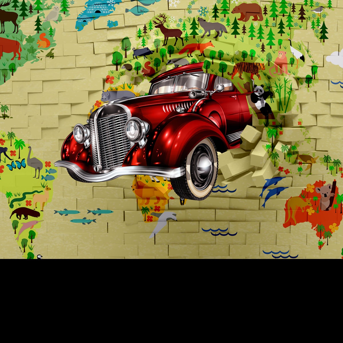 3d Mural Wallpaper Broken Wall Bricks and Red Classic Car Wallpaper Boy Bedroom Mural