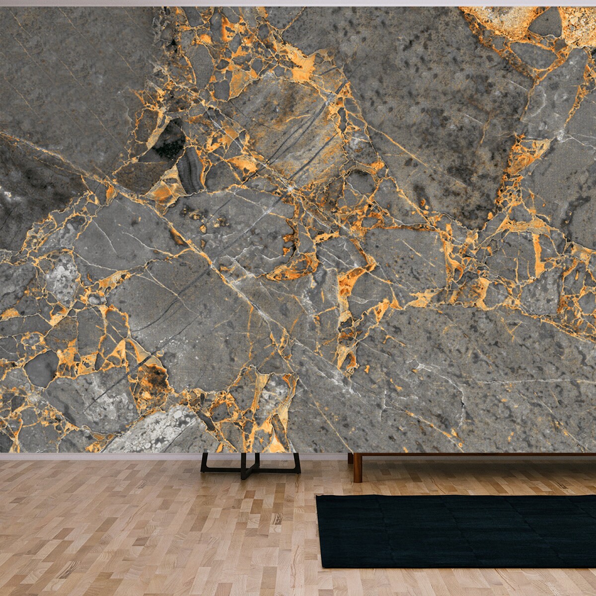 Luxurious Dark Grey Agate Marble Texture with Golden Veins Wallpaper Living Room Mural