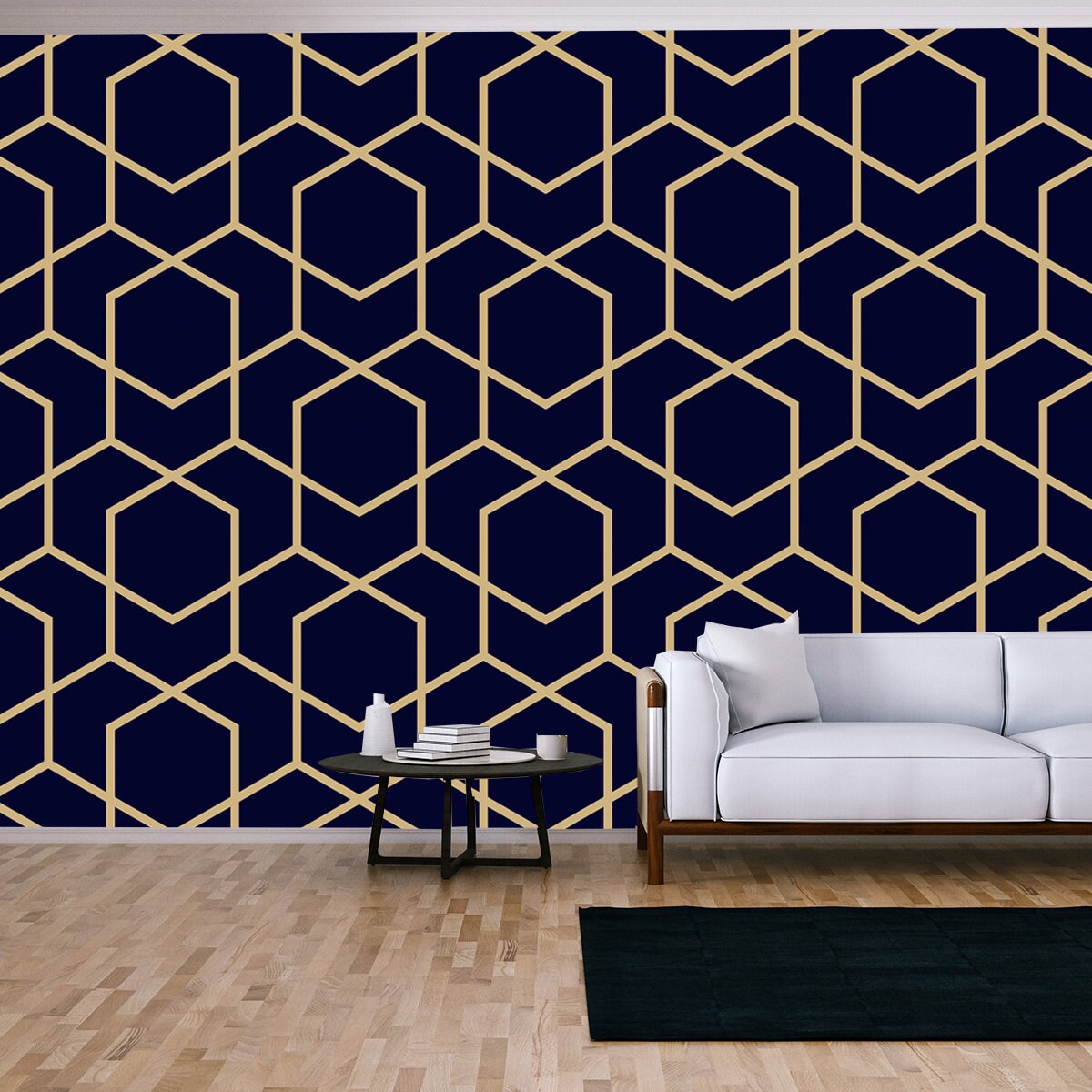 Abstract Geometric Pattern with Lines, Rhombuses. Blue-Black and Gold Texture Wallpaper Living Room Mural