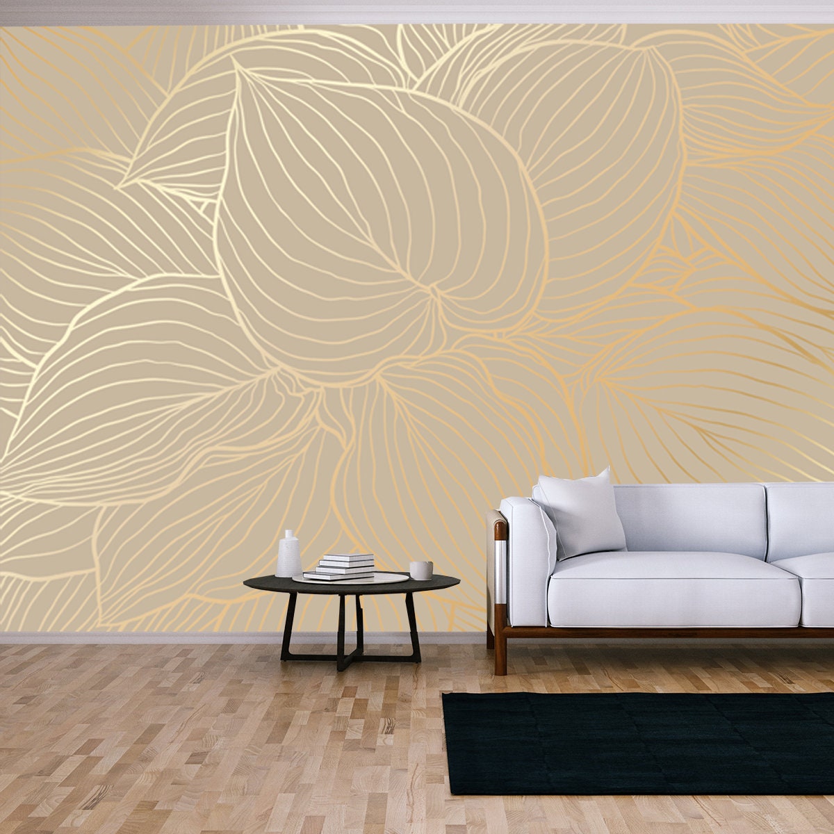 Golden Hosta Leaves in Hand Drawn Line Art on Beige Background Wallpaper Living Room Mural