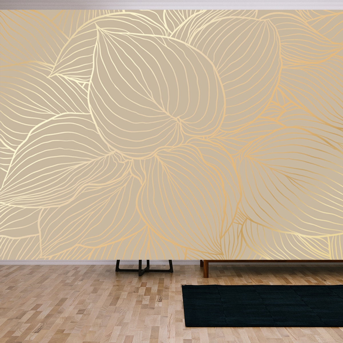 Golden Hosta Leaves in Hand Drawn Line Art on Beige Background Wallpaper Living Room Mural