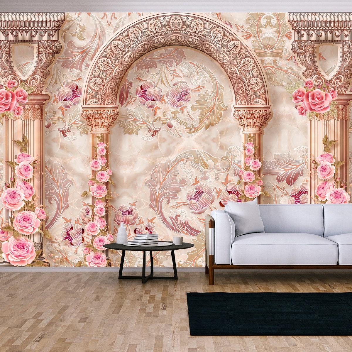 3d Wallpaper Marble Pattern Columns with Beautiful Pink Flowers Wallpaper Living Room Mural