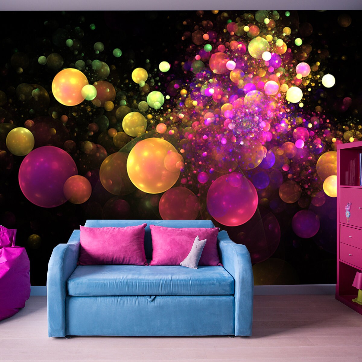 Color Splash. Abstract Glowing Colorful Yellow, Orange, Pink and Purple Bubbles on Black Background Wallpaper Girl Bedroom Mural