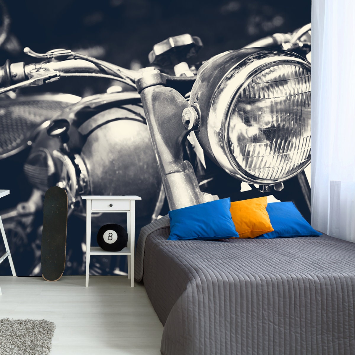 Vintage Motorbike, Focus on a Headlamp. Retro Motorcycle with Headlight on Black and White Color Wallpaper Boy Bedroom Mural
