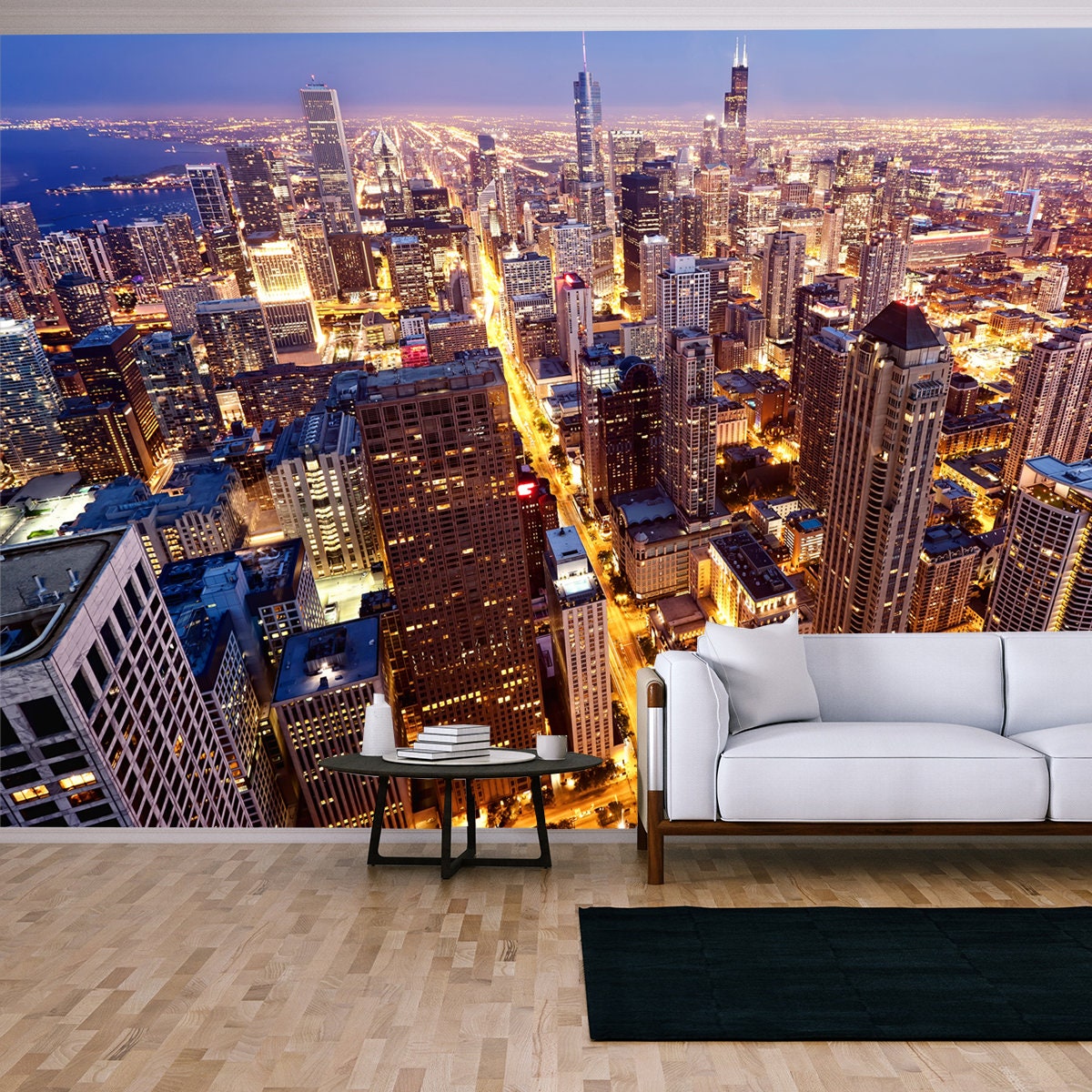 City of Chicago. Aerial View of Chicago Downtown at Twilight from High Above Wallpaper Living Room Mural