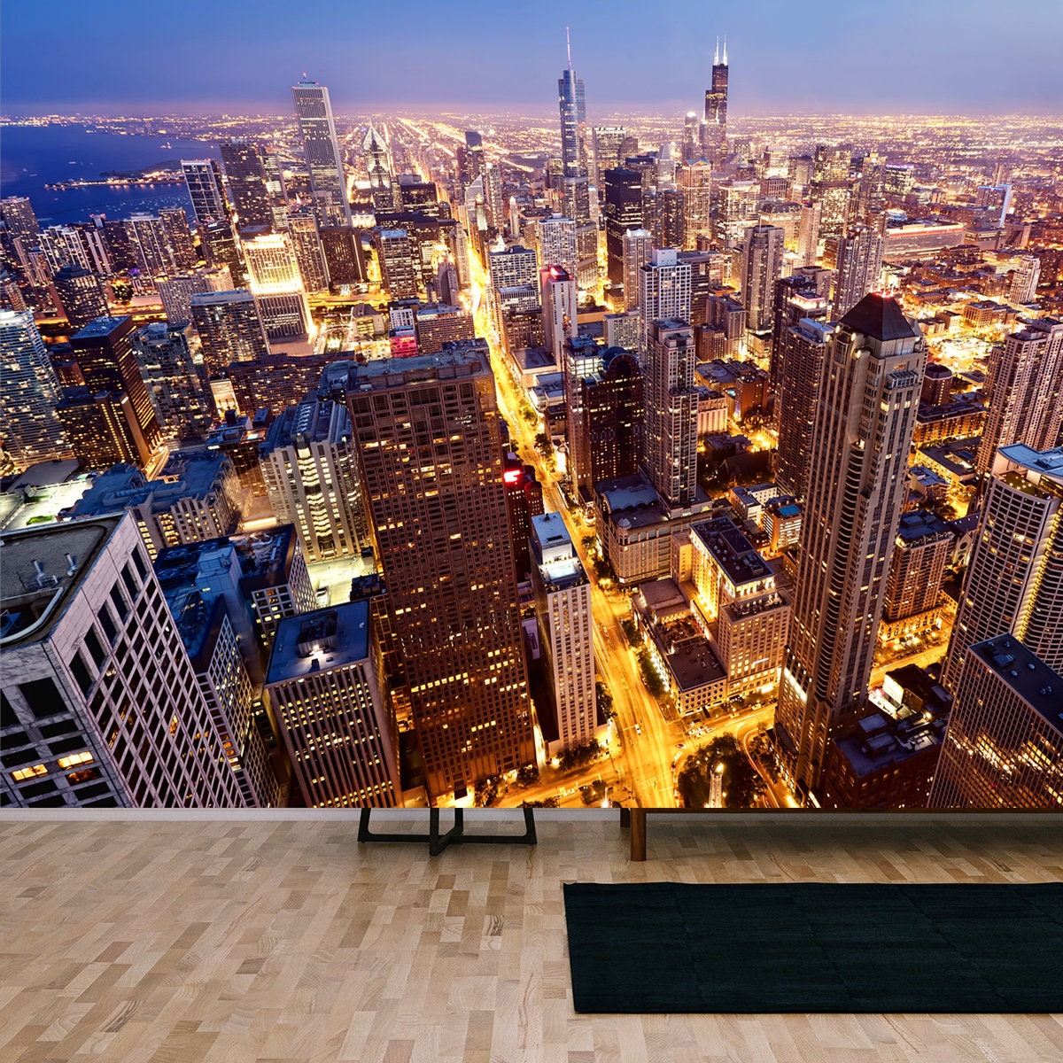 City of Chicago. Aerial View of Chicago Downtown at Twilight from High Above Wallpaper Living Room Mural