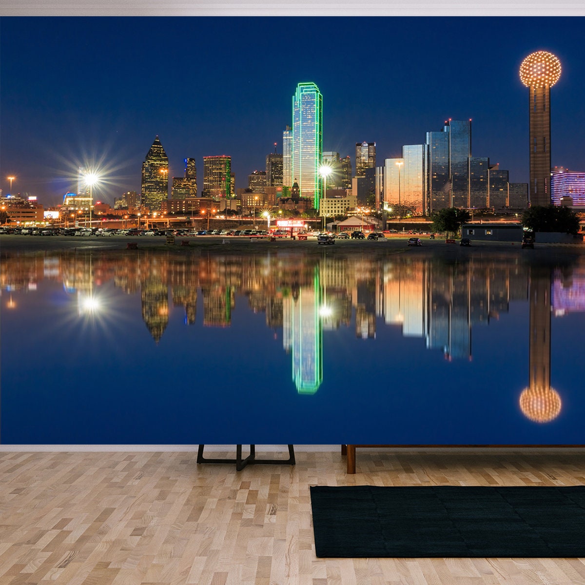 Dallas Skyline Reflected in Trinity River at Sunset, Texas Wallpaper Living Room Mural