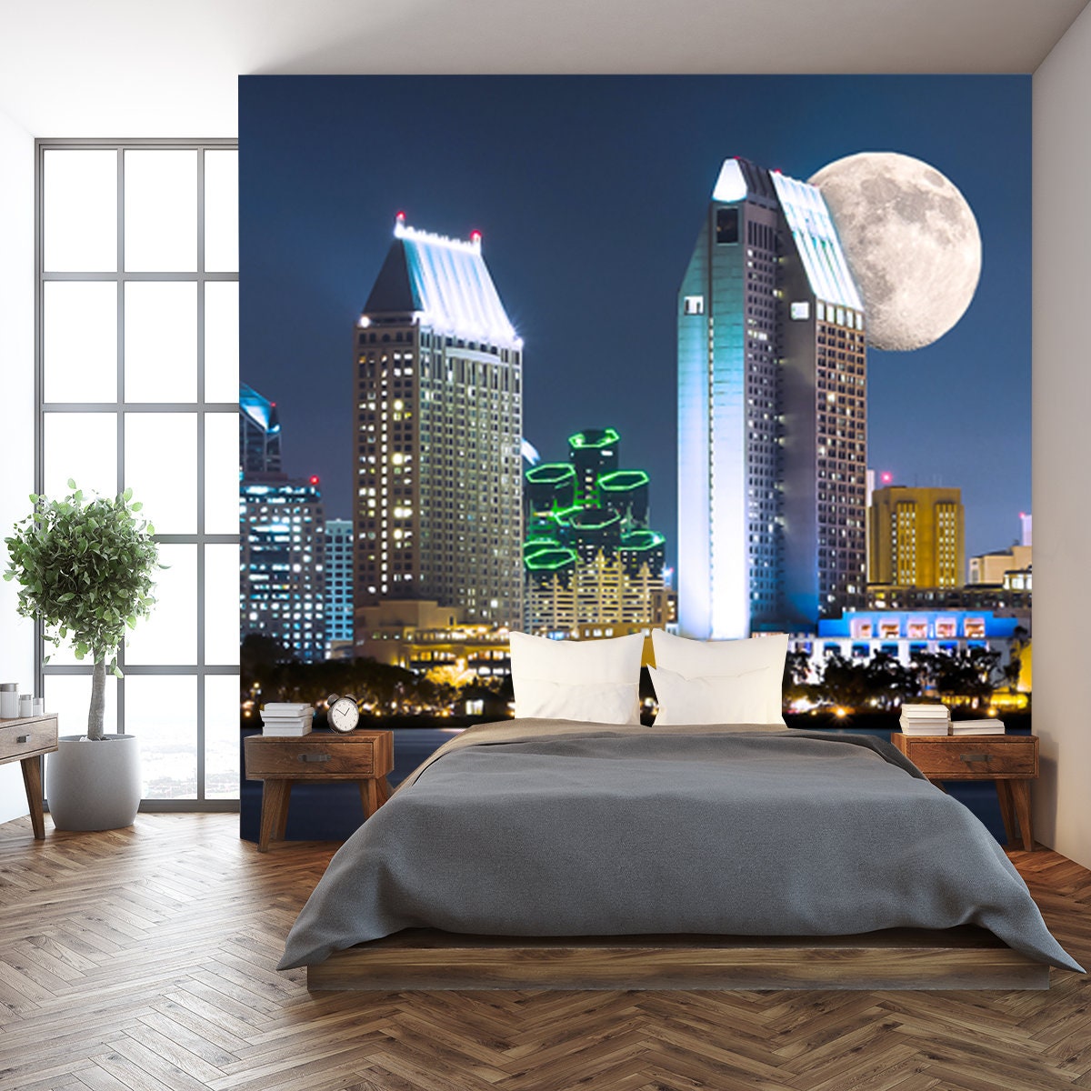 Downtown Cityscape with Buildings Reflecting, City of San Diego, California USA and Moon Wallpaper Living Room Mural