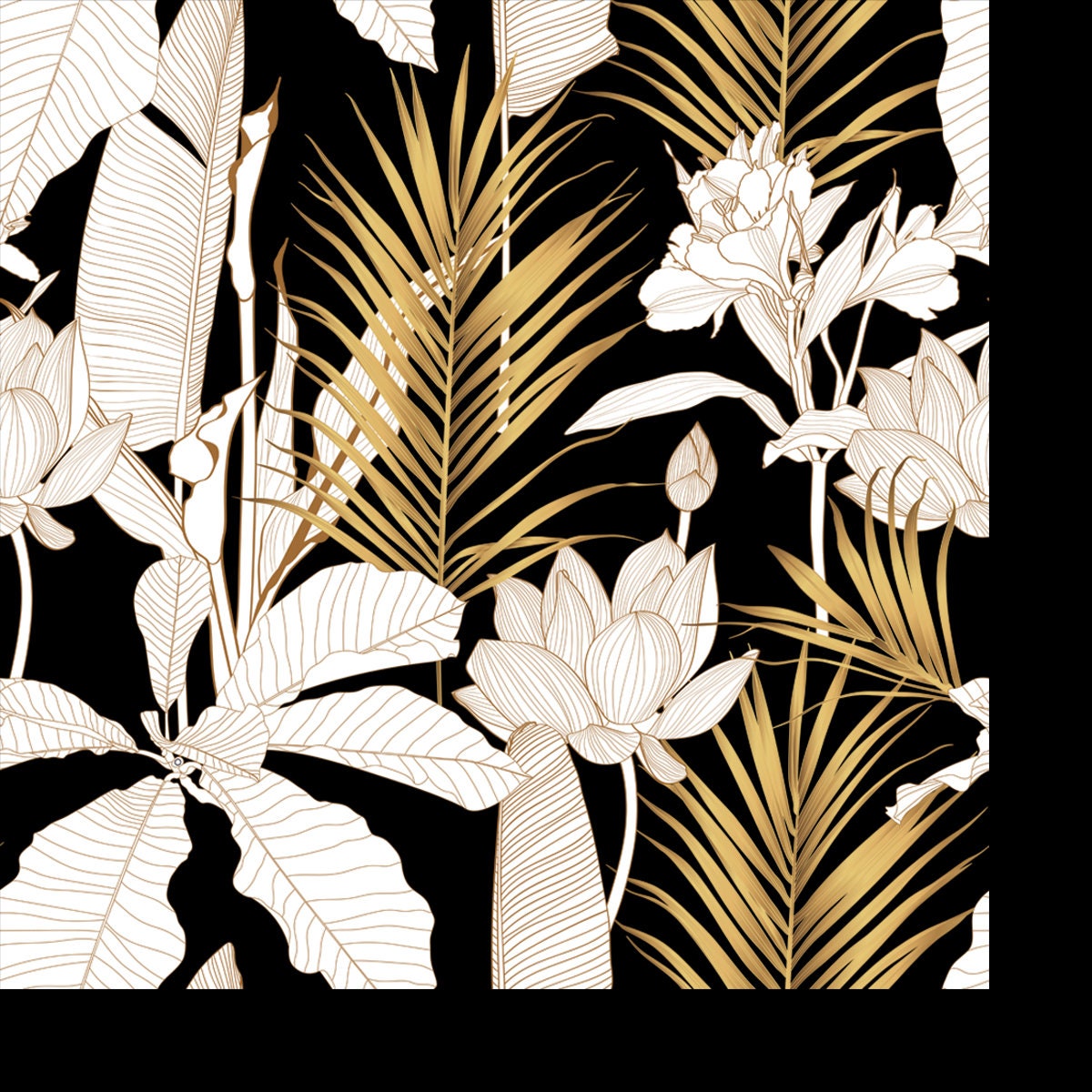 Tropical Exotic Floral Line Golden Palm Leaves and Flowers Seamless Pattern Wallpaper Bathroom Mural
