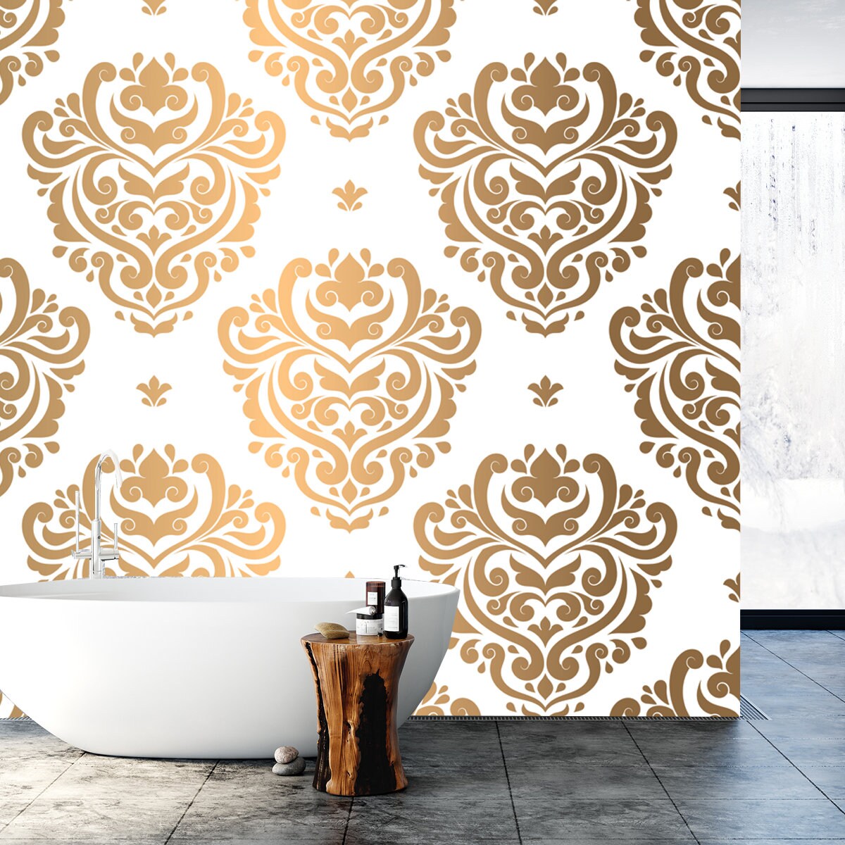 Gold and White Damask Pattern Wallpaper. Elegant Classic Texture. Royal, Victorian, Baroque Elements Wallpaper Bathroom Mural