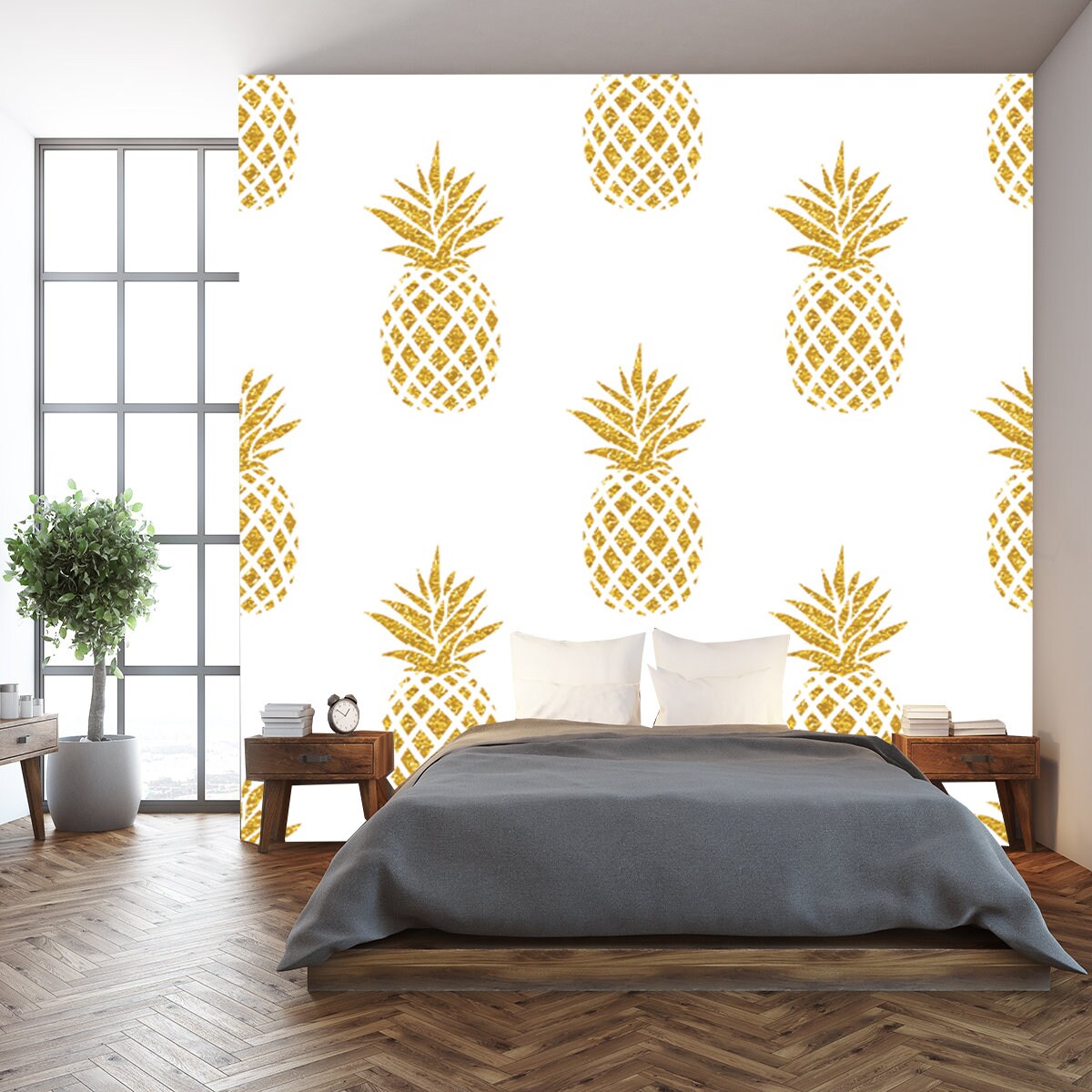 Seamless Summer Gold Pineapple on Colored Background Bedroom Mural