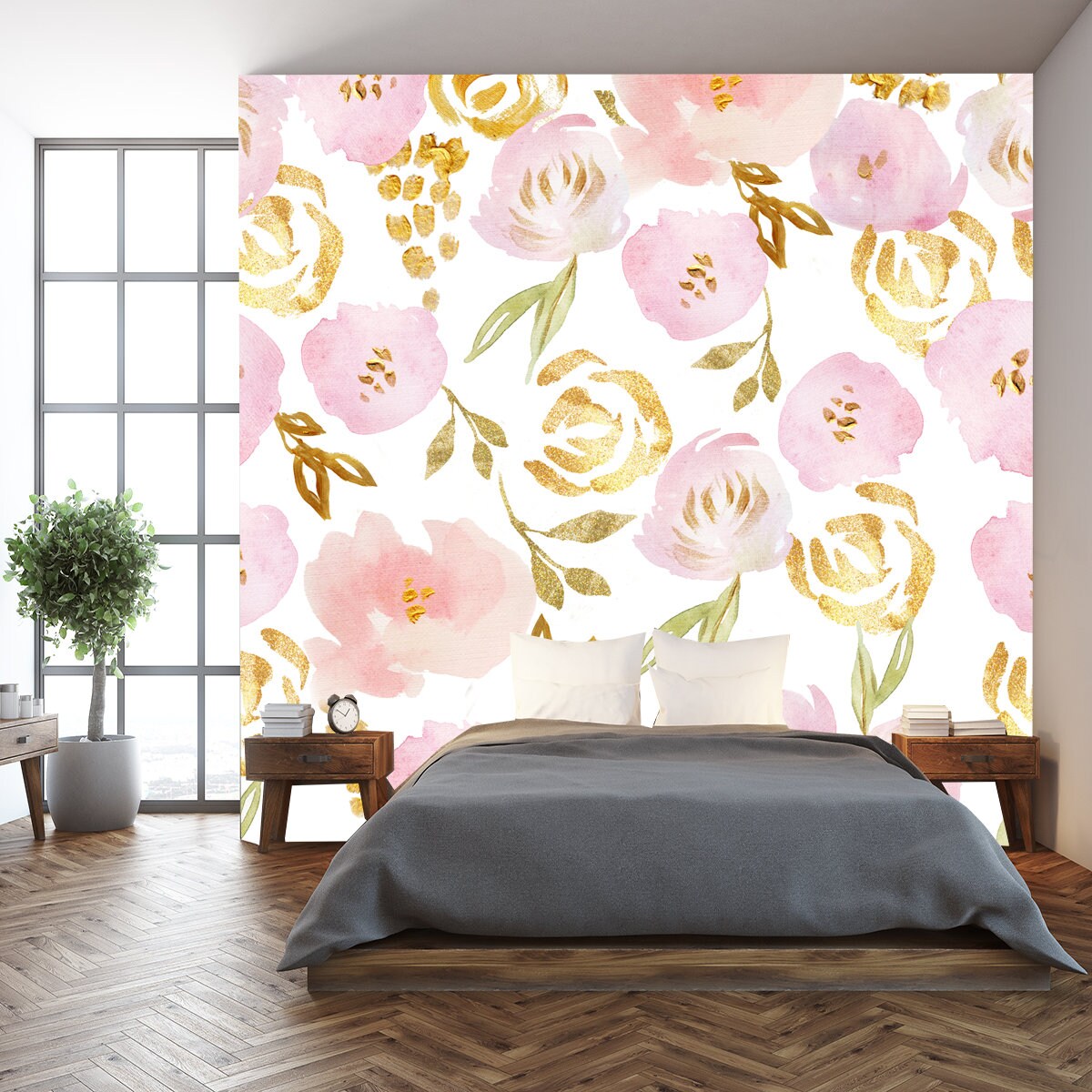 Watercolor Rose and Glitter Flower Wallpaper Bedroom Mural