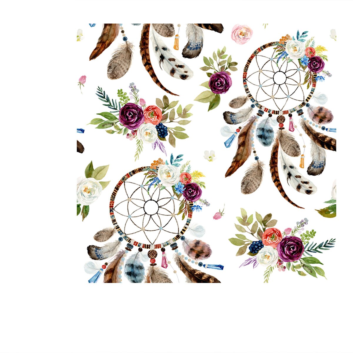 Watercolor Ethnic Boho Floral Pattern. Dreamcatchers and Flowers on White Background Wallpaper Bedroom Mural