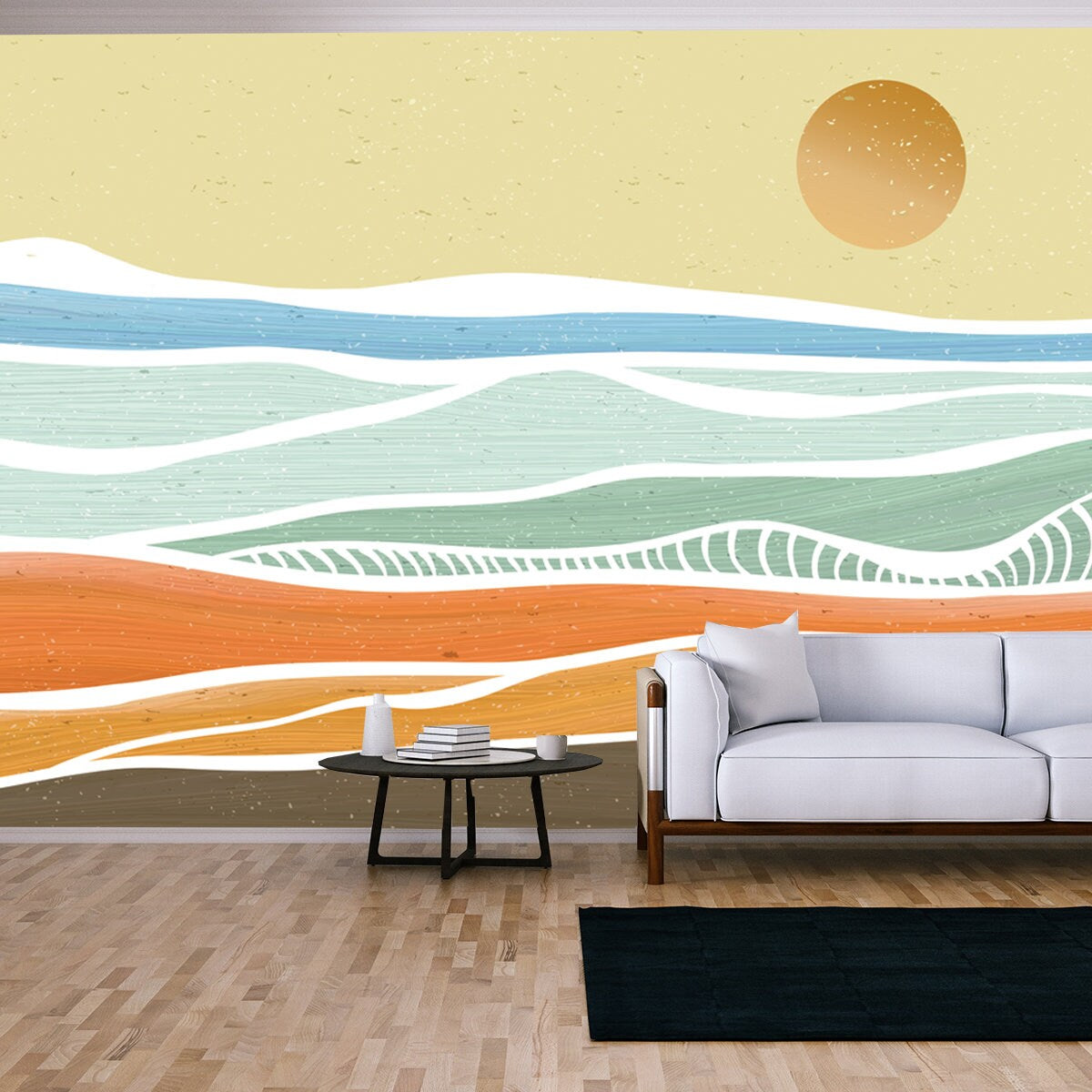 Creative Minimalist Modern Paint and Line Art Print. Abstract Ocean Wave and Mountain Contemporary Aesthetic Wallpaper Living Room Mural