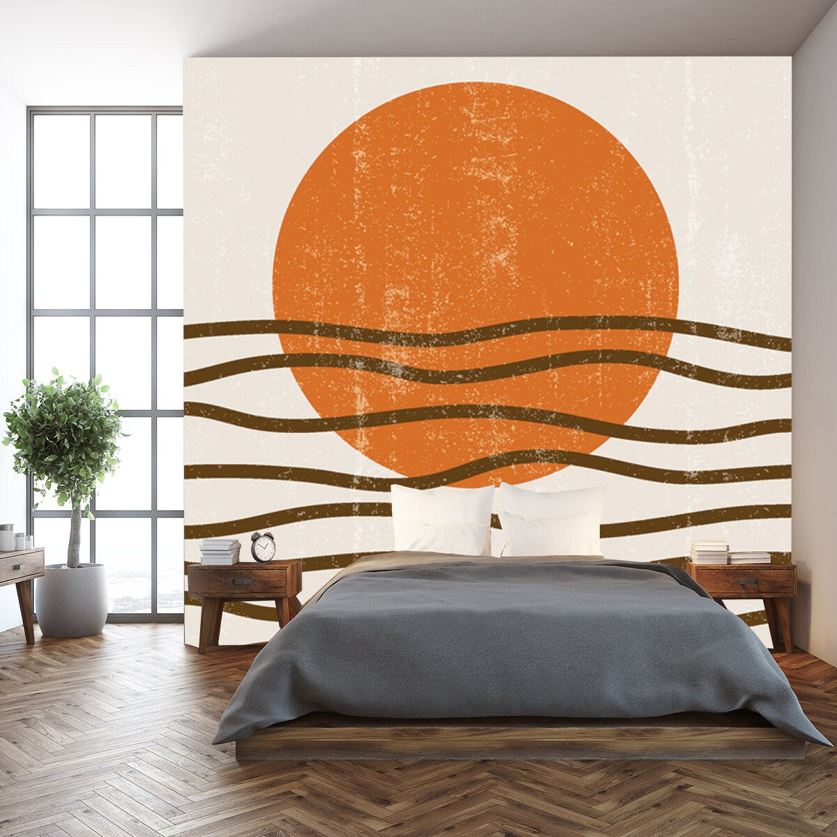 Burnt Orange Sun Boho Minimalist Wall Art Geometric Rainbow Abstract Sunset Bohemian Art Work Wallpaper Bedroom Mural