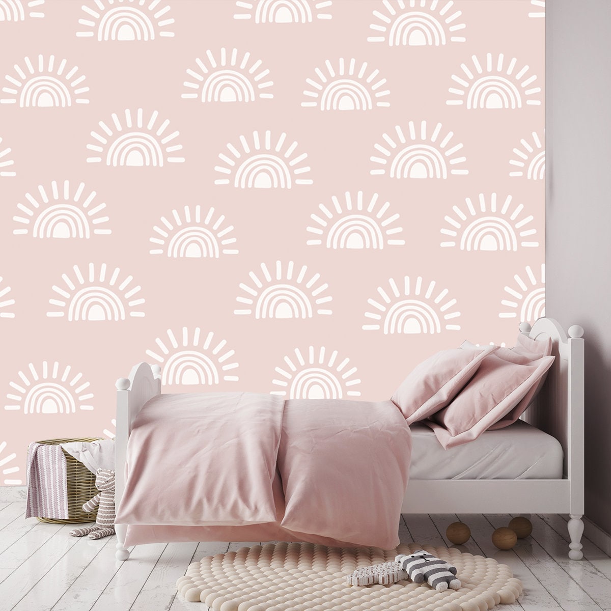 Pink Seamless Pattern with Hand Drawn Suns and Rainbows Wallpaper Girls Bedroom Mural
