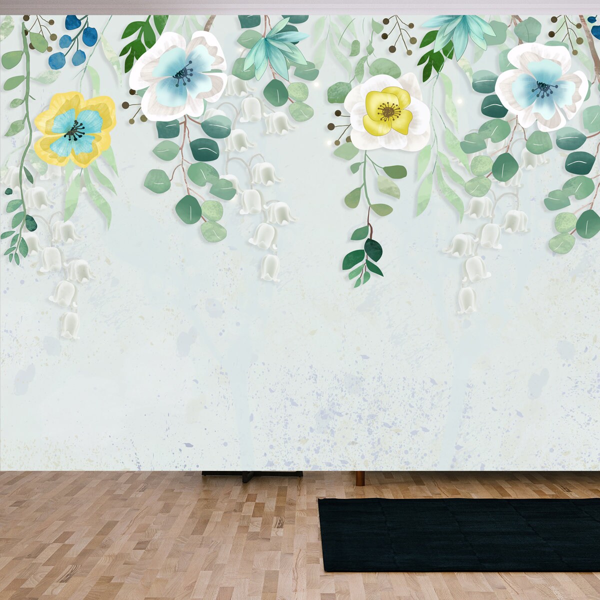 3d Illustration, Fabulous Multi-Colored Flowers Hanging from the Top of a Light Wall Wallpaper Living Room Mural