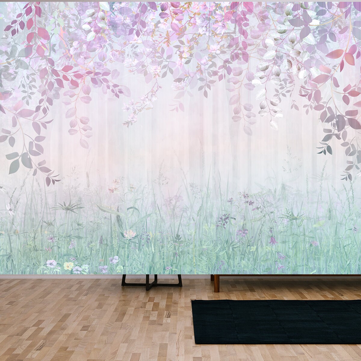 Misty Forest in a Rainbow Haze with Hanging Branches and Meadow Flowers Wallpaper Living Room Mural