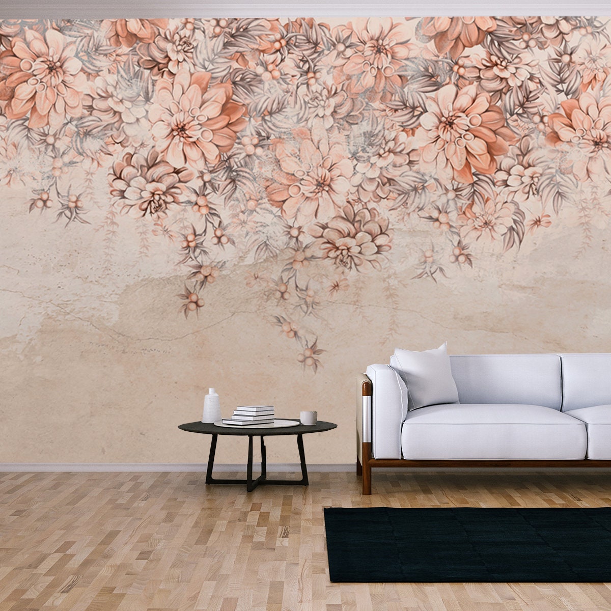 Large Flower Buds Art Drawn that Hangs Down from Top to Bottom on a Textured Shabby Wall Wallpaper Living Room Mural