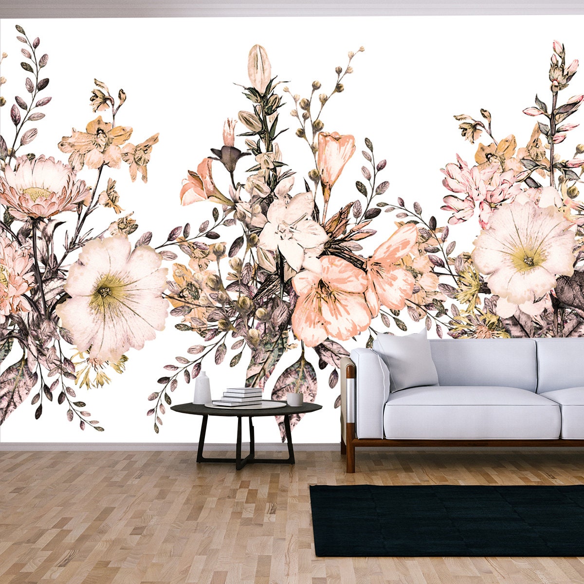 Border with Herbs and Wildflowers and Leaves. Botanical Illustration on White Background Wallpaper Living Room Mural