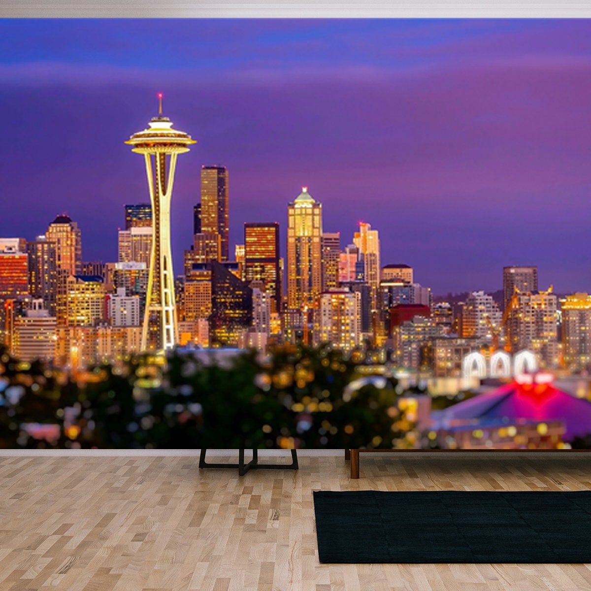 Seattle City Skyline at Dusk. Downtown Seattle Cityscape at Night Wallpaper Living Room Mural