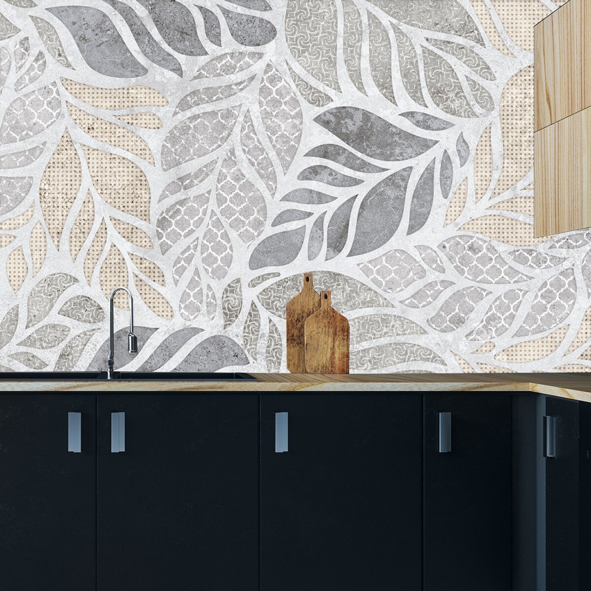 Gray Ceramic Tille Flowers Wallpaper Kitchen Mural
